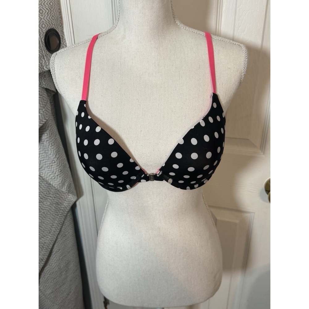 XOXO Black White Polka Dot Bra Pink Lining Straps Adjustable Front Close 38C